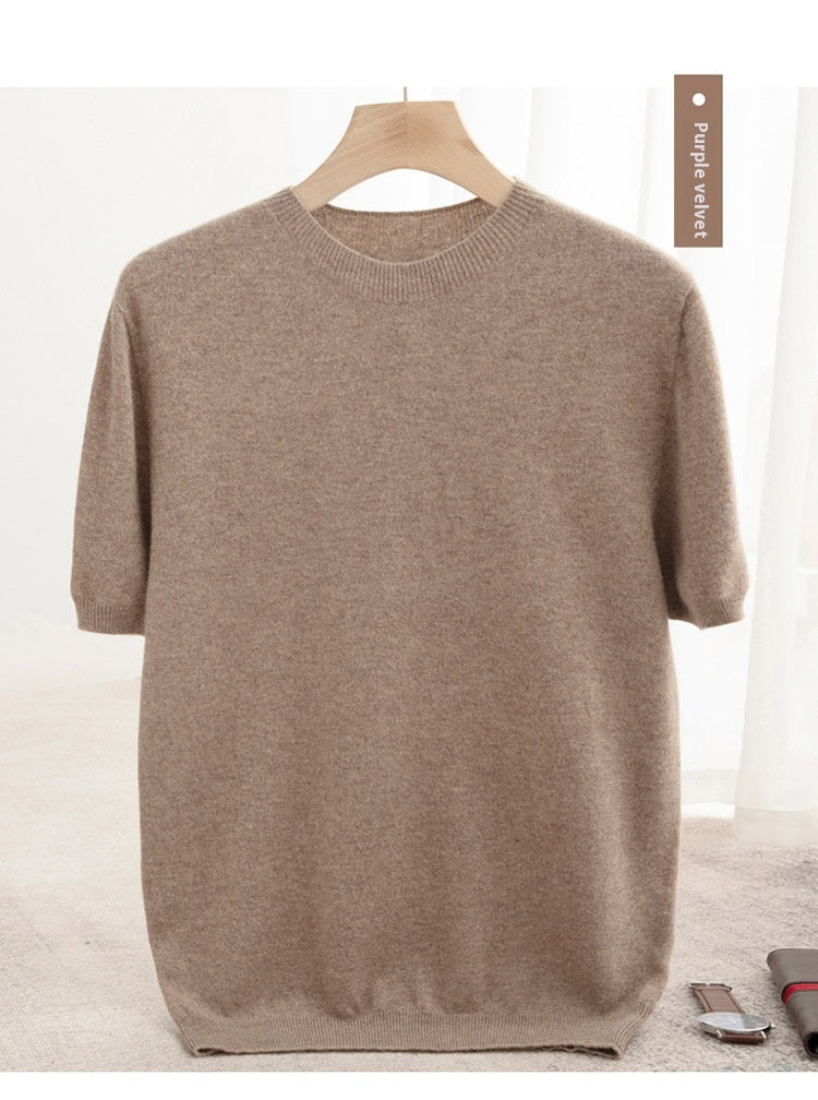 Knitted Short Sleeve Pure Wool Sweater Men's Round Neck