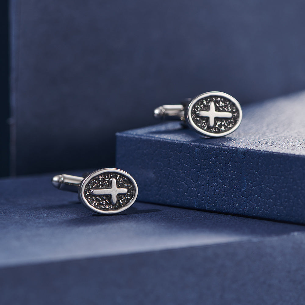 Oval Cross Silver Stainless Steel Cufflinks