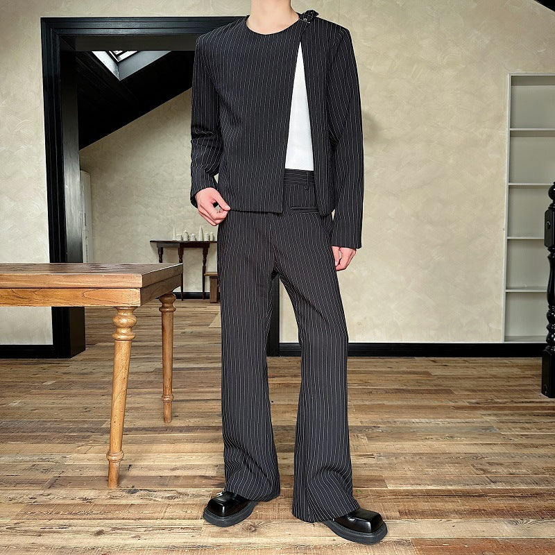 Bootcut Casual Autumn Striped O-neck Short Suit