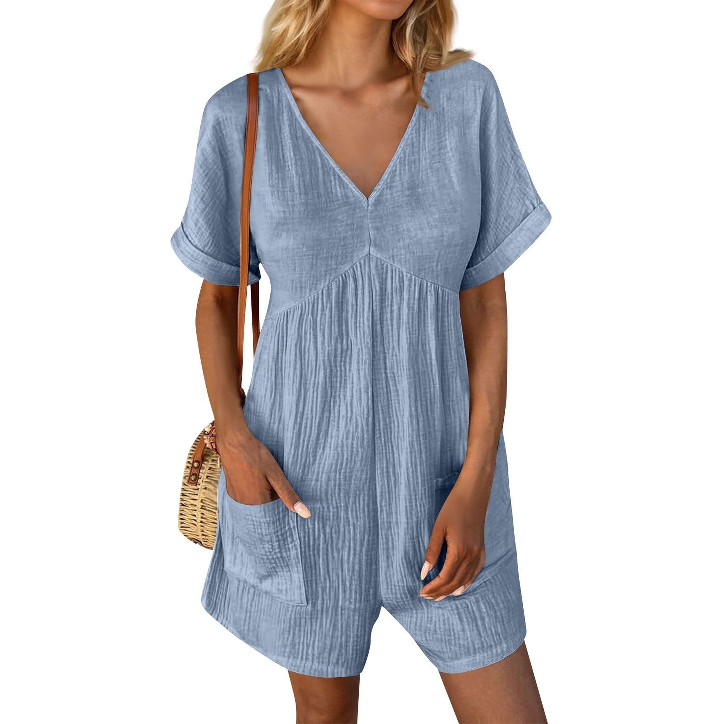 Solid Color V-neck Bat Sleeve Jumpsuit with Pockets
