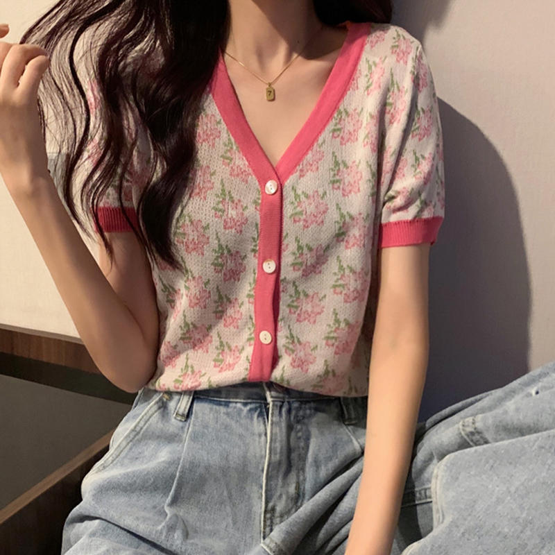 Summer High Waist Contrast Color Retro Knitted Cardigan