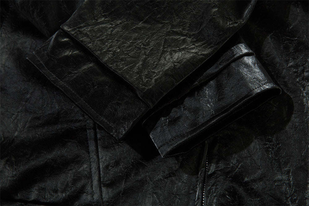 Men's Split Splicing Solid Color Loose Standing Collar Leather Jacket