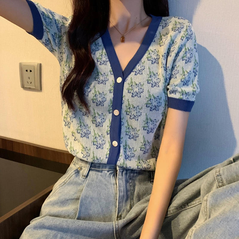 Summer High Waist Contrast Color Retro Knitted Cardigan