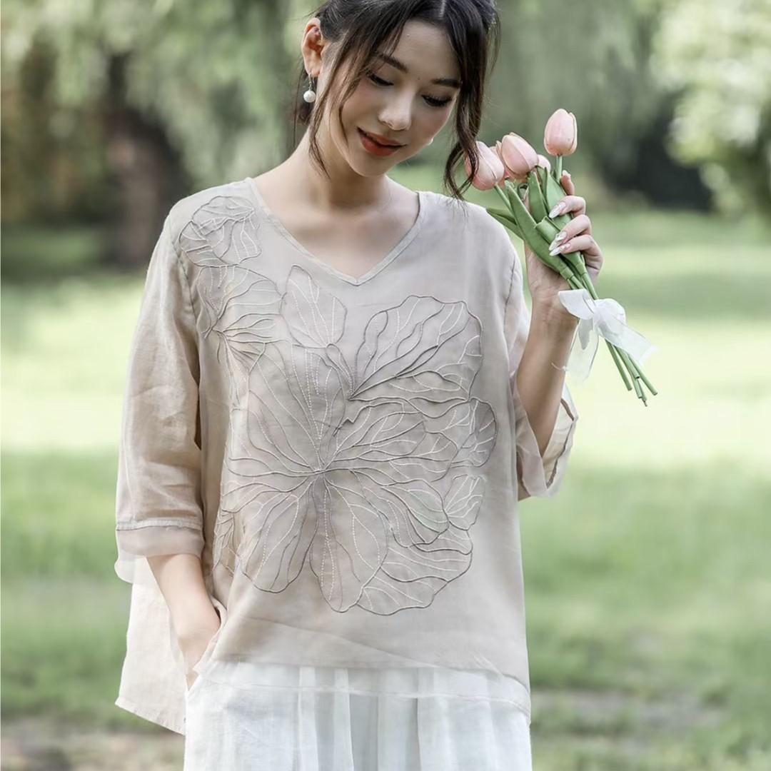 Machine Embroidery Cotton And Linen Shirt For Women