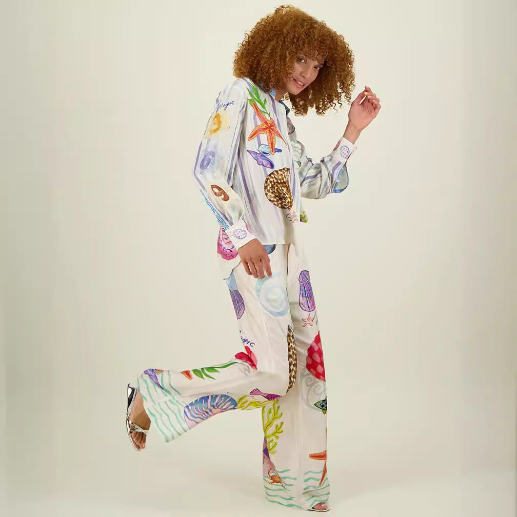Satin Printed Graffiti Casual Shirt and Trousers Set