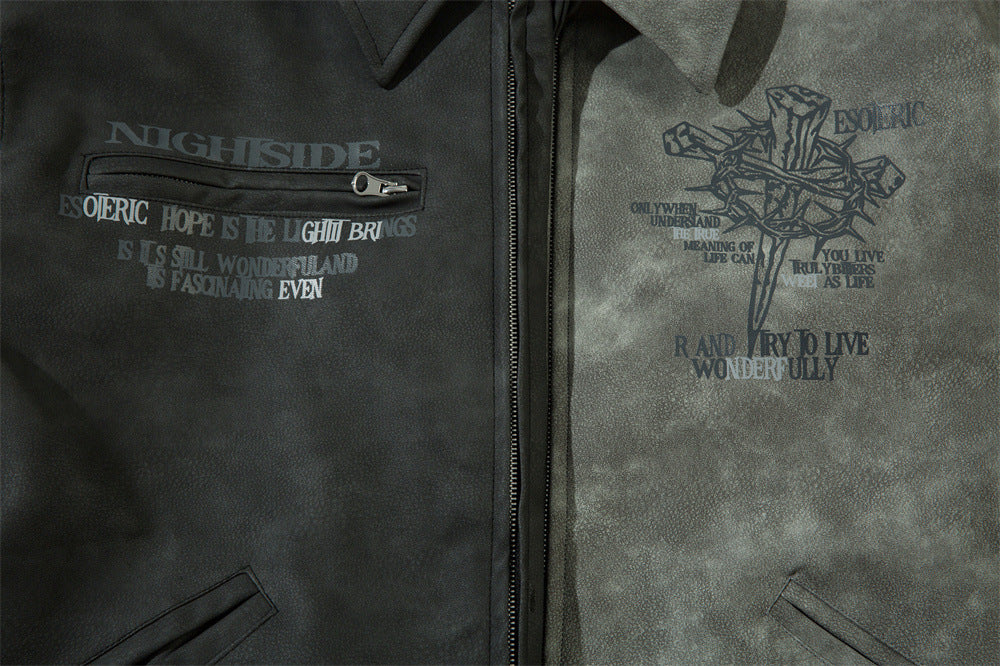 Men's Cross Print Loose Leather Jacket