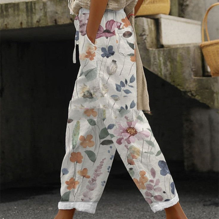 Women's All-match Elastic Waist Slimming Digital Printed Trousers