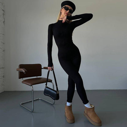 Women's Fashion Zipper Chest Slim-Fit Long-Sleeve Stretch Jumpsuit