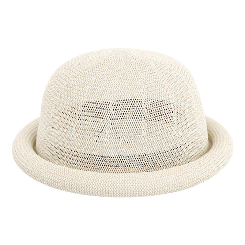 Women's Straw Yarn Curled Brim Round Crown Top Hat Leisure Basin Hat