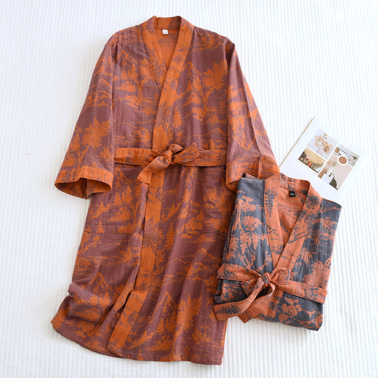Couple Cotton Loose Lace Bathrobe Jacquard Pajamas