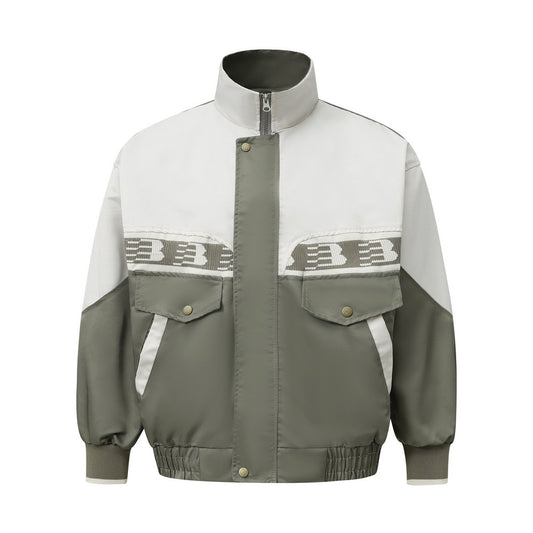 European And American Color Contrast Patchwork Workwear Stand-up Collar Jacket