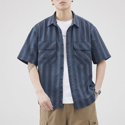 Men's Summer Seersucker Striped Short Sleeve Shirt