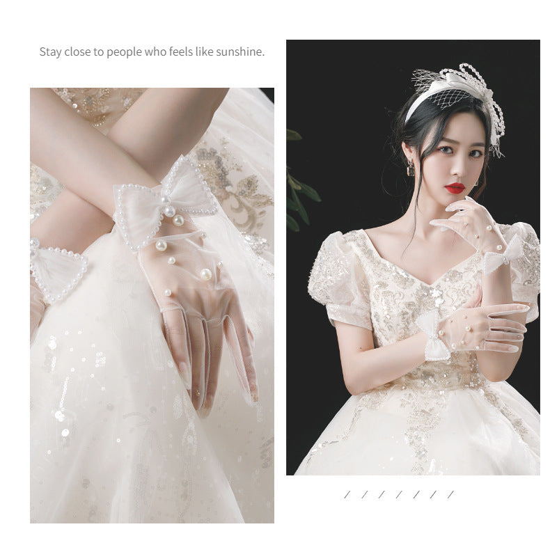 Bridal Handmade Pearl White Bow Gloves