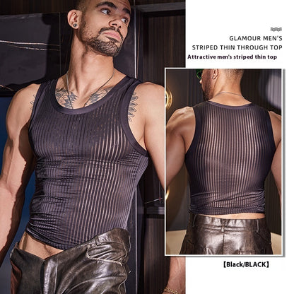 New Men's Cross-strap Striped Thin Transparent Elastic Vest