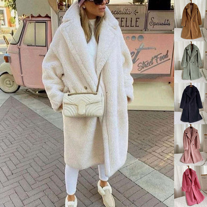 معطف لابل من صوف الحمل مع جيوب ومعطف من الفرو الصناعي شتوي دافئ سميك طويل واقي من الرياح ملابس نسائية