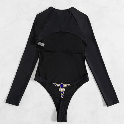Long Sleeve Backless T-back Light Diamond One-piece Swimsuit