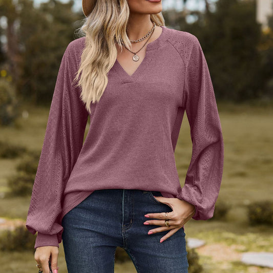 Solid Color V-neck Patchwork Loose Long Sleeve T-shirt