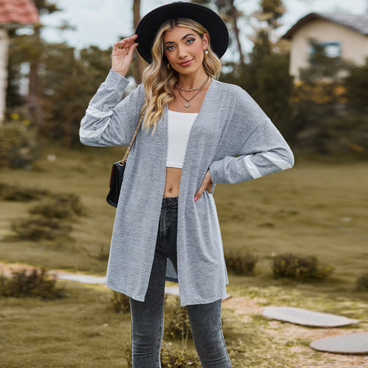 Women's Long-sleeved Stitching Contrast Color Knitted Cardigan