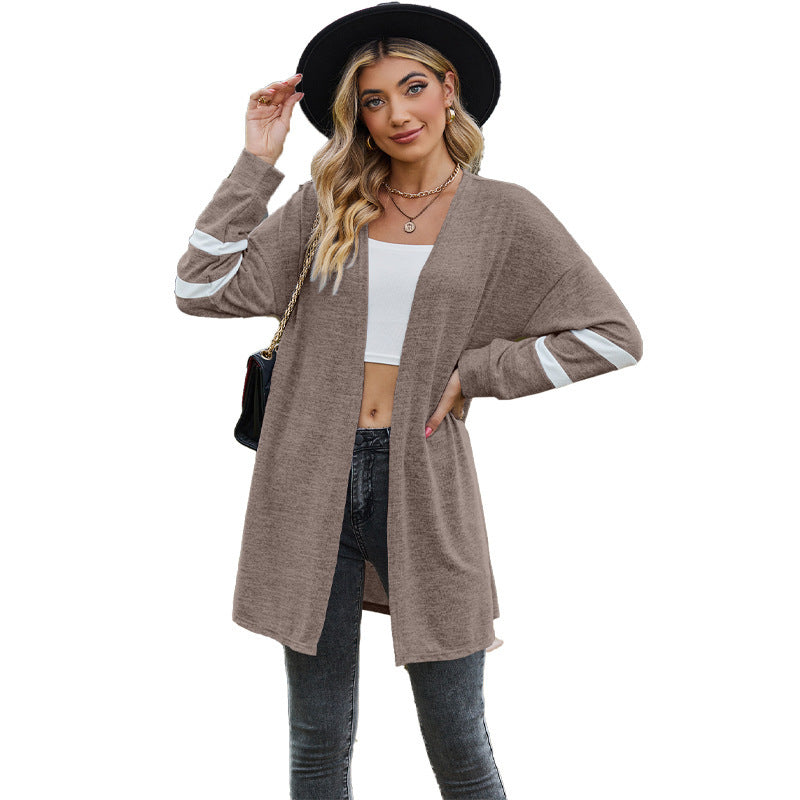 Women's Long-sleeved Stitching Contrast Color Knitted Cardigan