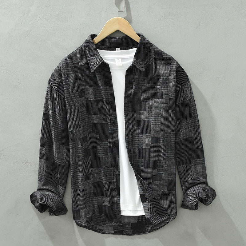 Jacquard Color Block Denim Long Sleeve Shirt