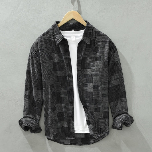 Jacquard Color Block Denim Long Sleeve Shirt
