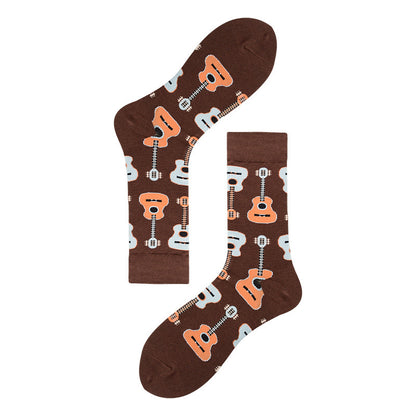 Men's Mid-calf Colorful Guitar Cat Face Cotton Socks