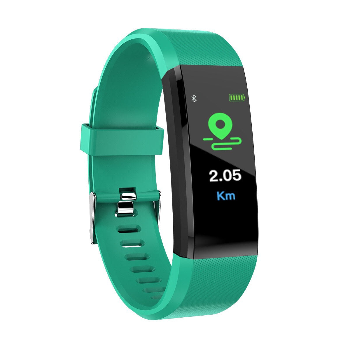 a green activity watch with a black band