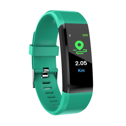 a green activity watch with a black band