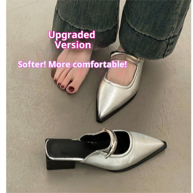 New Spring And Summer Metal Buckle French Style Slip-on Closed Toe Half Slippers For Women