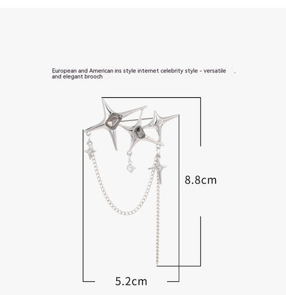 Four Eight-Pointed Stars Zircon Chain Brooch