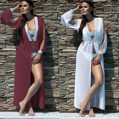 Long sleeve lace split perspective lace up blouse for women