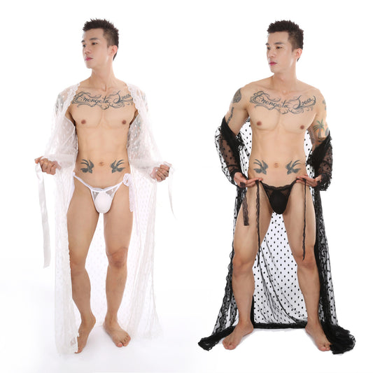 Men's Polka Dot Japanese Kimono Silky Lace Bathrobe