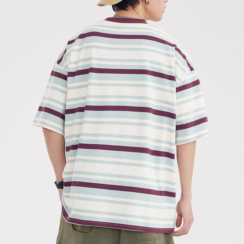 Vintage Stripe Niche Couple Loose Half Sleeve Top