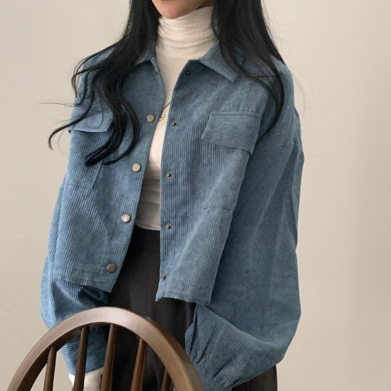 Loose All-match Single-breasted Lapel Short Corduroy Shirt