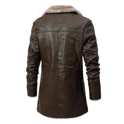 Plush Lapel Leather Jacket Winter Fleece Coat for Men
