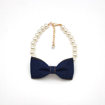 Pet Neck Chain Cat Dog Accessories Pearl Necklace Denim Bow Pendant cute Princess bib