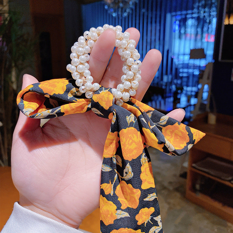 Floral Bow Hair Ribbon: Pearl Hair Tie Accessory