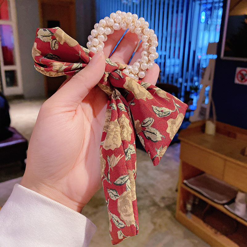 Floral Bow Hair Ribbon: Pearl Hair Tie Accessory