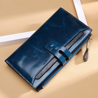 Manufacturers Wholesale Women'S Wallets Multi Card Buckle Long Oil Wax Leather Wallets European And American Retro Leather Handbags