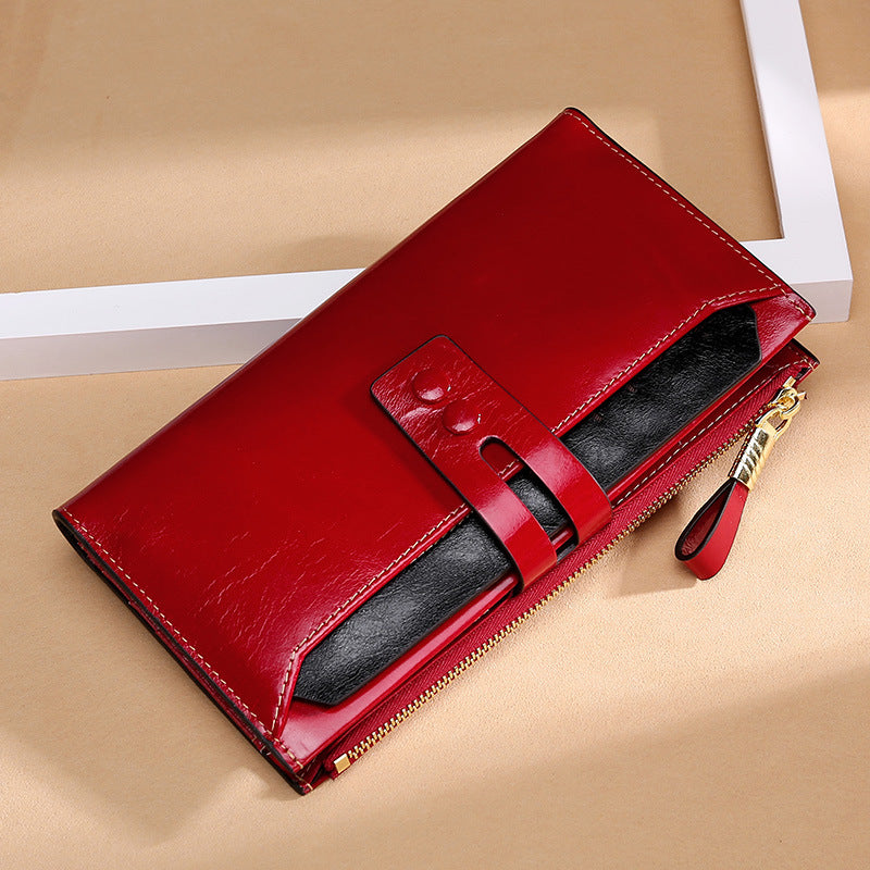 Manufacturers Wholesale Women'S Wallets Multi Card Buckle Long Oil Wax Leather Wallets European And American Retro Leather Handbags