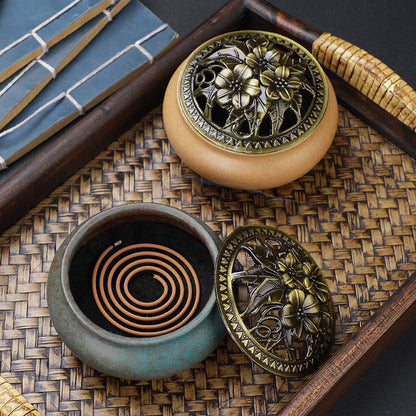 Copper Lid Ceramic Incense Burner, Antique Alloy