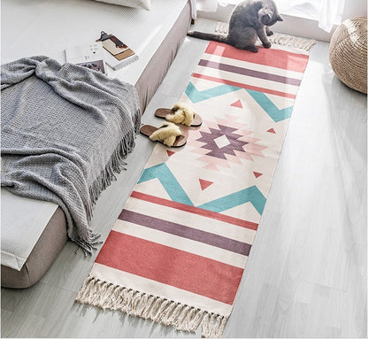 Hand Woven Cotton Linen Bohemian Rug Long Geometric Floor Accessory