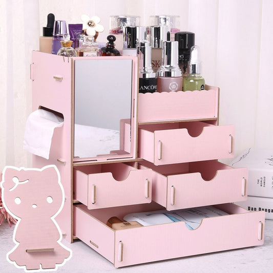 Wooden Cosmetic Storage Box Jewelry Drawer Organizer