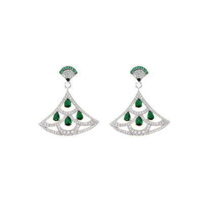 Green Zircon Fan Earrings with Gold Plating