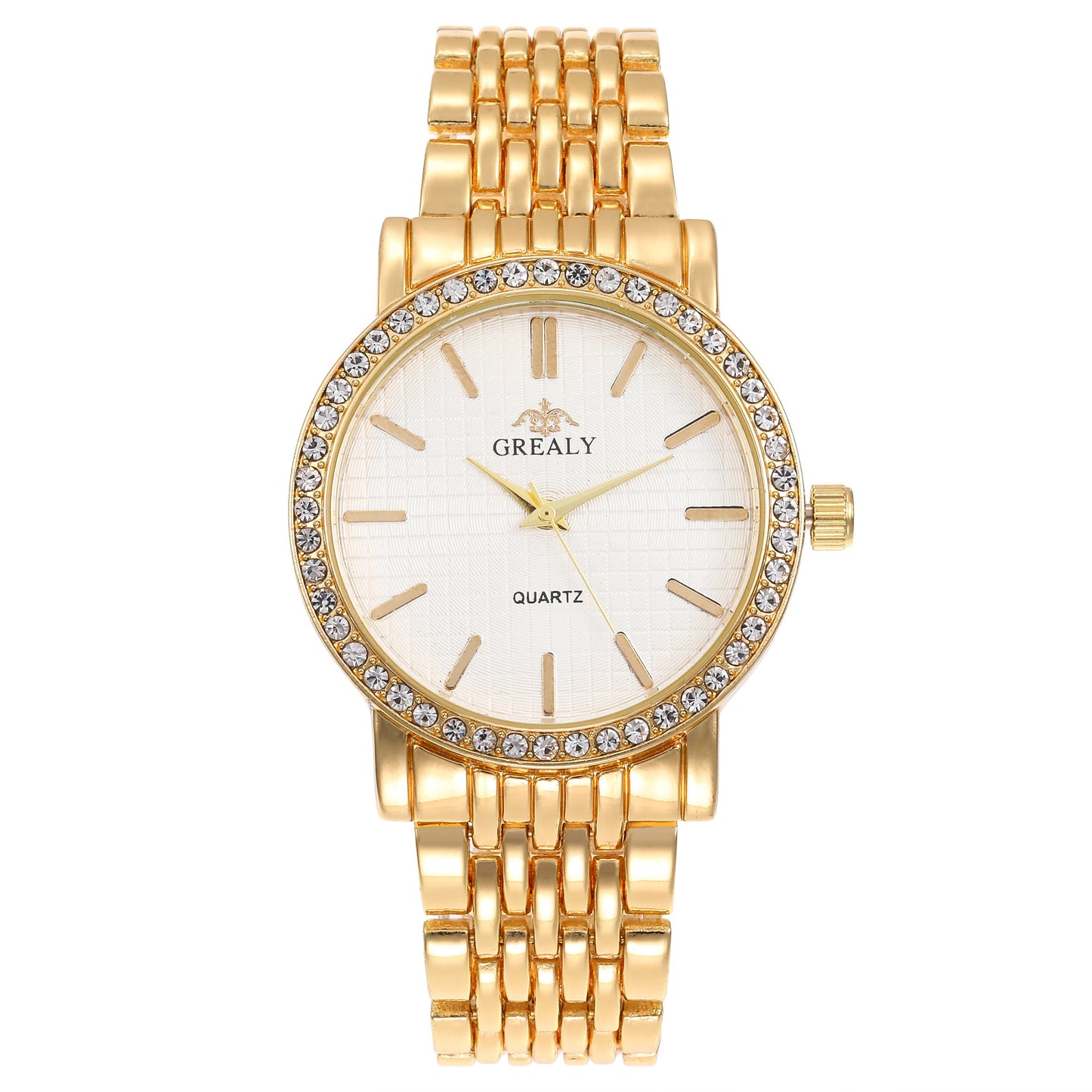 Simple Casual Quartz Watch with Steel Strap and Diamond Detailing