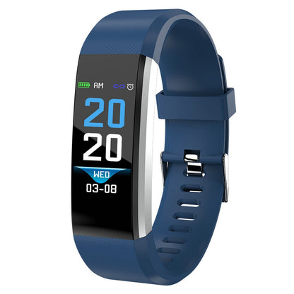 a blue activity watch with a heart rate monitor