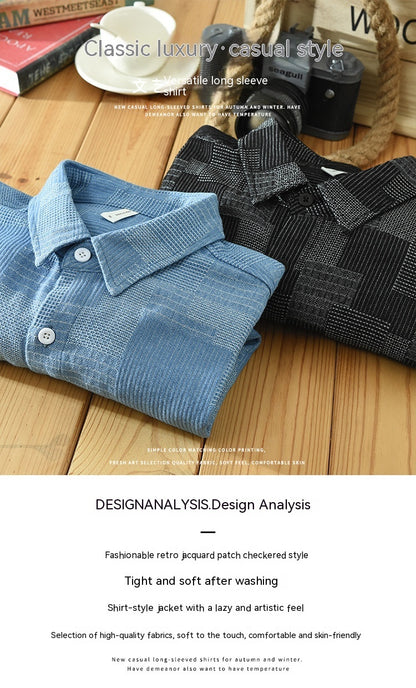 Jacquard Color Block Denim Long Sleeve Shirt