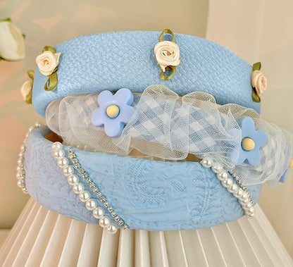 Pearl Mesh Small Flower Hair Band Blue Color