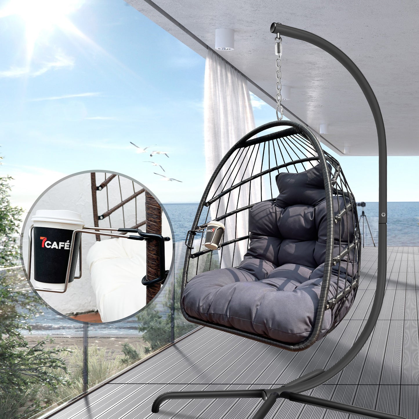 Swing Egg Chair with Stand & UV-Resistant Cushion - 350 lbs Capacity