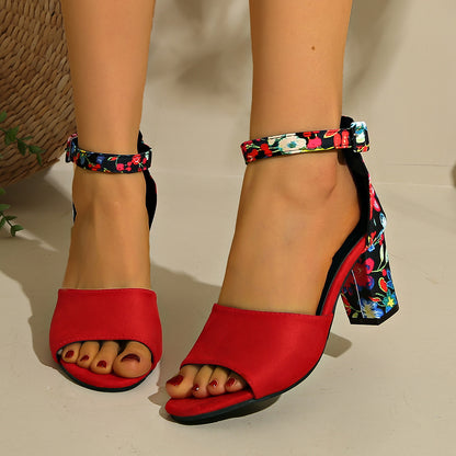 Women's Round Toe Hollow Ankle-strap Buckle Thick High Heel Sandals